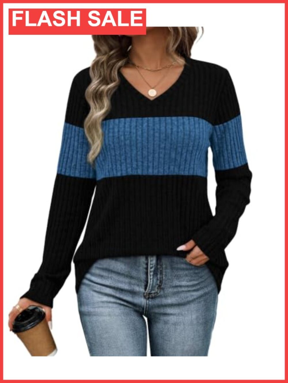 Womens Trendy Color Block V Neck Long Sleeve Sweater Pullover